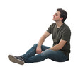 © 1STunningART - Side view relaxed man sitting on the floor looking contented and thoughtful. Smart and ingenious guy thinking of new ideas as the way to success, isolated on transparent background