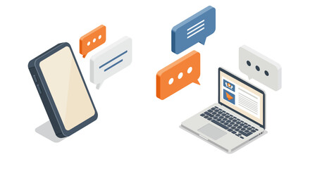 Isometric smartphone and laptop communication with message bubbles