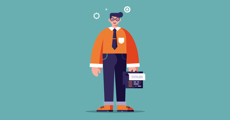 Smiling businessman in a flat illustration style, holding a document case. Represents professional services, innovation, and modern business concepts.