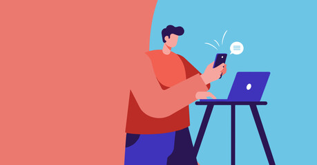 Modern man multitasking with smartphone and laptop, highlighting digital communication, online connectivity, and remote work. Ideal for technology, business, or lifestyle concepts.