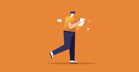 Man walking and using a tablet, symbolizing digital communication, online search, and mobile technology solutions. Ideal for business, lifestyle, and tech concepts.