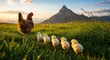 © Funni - A mother hen carefully guides her line of fluffy baby chicks through a sunlit green meadow with a majestic mountain in the background