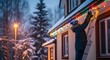 © Muhammad - Person decorating home exterior with festive holiday lights on a snowy winter evening.