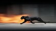 © Elena - Dynamic side view of a sleek black panther sprinting through blazing flames with intense motion blur and spacious copy area to the right