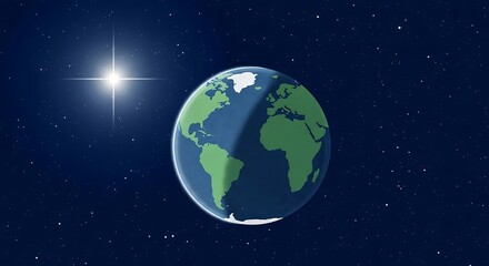 Vibrant earth planet illuminated by bright sun in deep space with starry background and moon visible