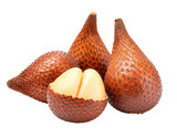 Close-up of three salak fruit, one halved, displaying a light beige interior