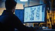 © Honey - Engineer meticulously designing complex blueprints on dual monitors in a modern tech office at night