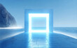 © fanjianhua - A glowing rectangular portal by the sea with a rocky landscape