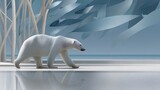 Polar bear walks along icy shore, fish in background