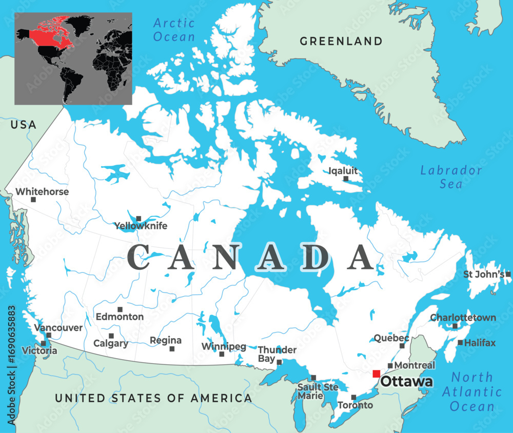 Map of Canada showing provinces, major cities, and inset highlighting ...
