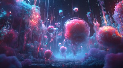 Wall Mural - Mesmerizing abstract nebula with glowing spheres and ethereal light beams, cosmic dreamscape