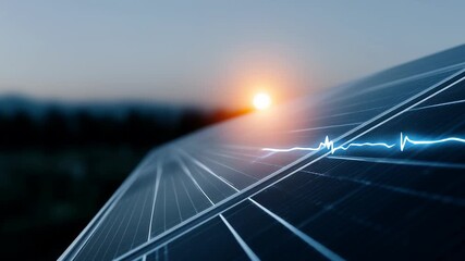 Wall Mural - energy saving technology in close up on solar panel with beautiful sunset background