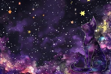 a black cat sits under a night sky with bright stars and cosmic nebulae. fantasy space galaxy illust
