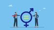 © Saklarboy - Businessman and businesswoman holding gender equality symbolic. Gender equality, man and woman equal, balance and diversity in workplace, female and male employee having equal opportunity.
