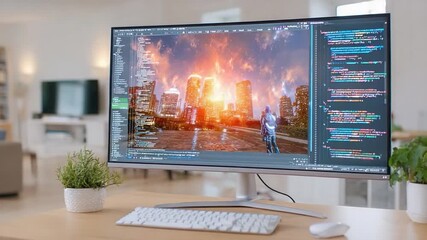 Tech-Art Fusion: An immersive desktop setup showcases digital artistry, blending software interfaces with dynamic visual content.