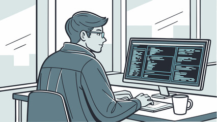 Programmer coding at computer desk software development illustration modern office workspace design.