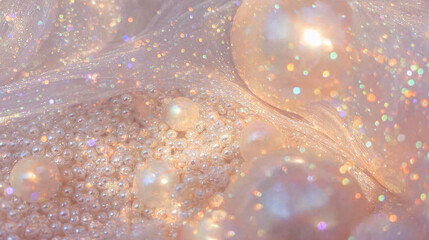 Wall Mural - Abstract sparkling mother-of-pearl background with pearls, wavy with bokeh effect and glittering particles