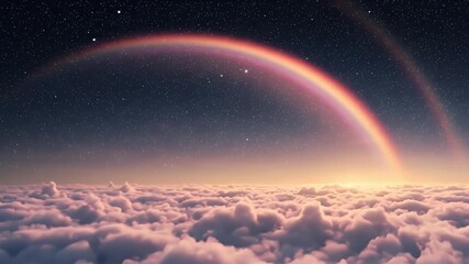 Wall Mural - A magical rainbow arches over a sea of pink clouds under a beautiful starry night sky at sunset.