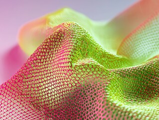Vibrant close up of pink and green textured mesh fabric with a smooth, fluid, and dynamic wave pattern