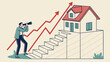 © FC Smooth - Illustration of Person Climbing Stairs Towards a House with Rising Market Graph Home Growth Concept.
