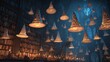 © Shankar - Illuminated wizard hats float above bookshelves and candles in a magical library setting at night