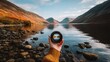© MKS - Through the camera lens held by a hand, a person frames a tranquil lake landscape with mountains reflected in it, seeking a future vision, inspired by the natural world, and continually searching for