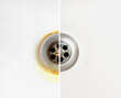 © Praewphan - Compare before and after clean the Dirty sink, rusty stain on an old and dirty sink and a rusty metal drain in the bathroom