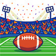 © PutriNabila - Exciting football game day illustration featuring a prominent ball, stadium, cheering crowd, bright lights, and celebratory confetti