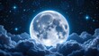 © AIvory - A captivating nighttime scene featuring a full moon suspended in a sky filled with stars. Floating clouds add depth to the composition. Below the celestial display, a tranquil landscape unfolds.
