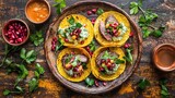 Elegant fusion tacos topped with grilled protein, herb sauce, pomegranate arils on turmeric tortillas with fresh cilantro and copper bowls