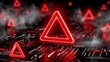 © kachakanogAS - Futuristic Emergency Alert Interface with Glowing Red Triangles in a Digital Landscape with Smoke