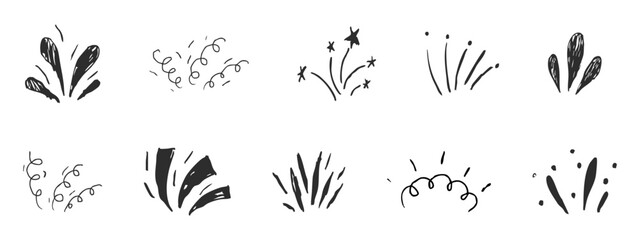 Wall Mural - Firework confetti burst comic manga explosion set. Doodle hand drawn line spark party celebration. Radial japan minimal set.