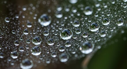 Water droplets cling to a delicate spider web reflecting the surrounding greenery in miniature