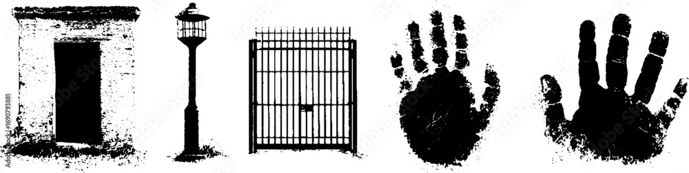 Grunge black and white urban set with abandoned door, lamp post, fence ...