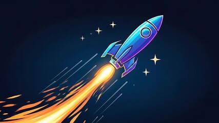 A vibrant blue rocket soaring through space with fiery exhaust, surrounded by twinkling stars