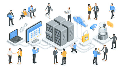 isometric vector data center with server and computer and business people and robot, in color on white background, it developers and programmers
