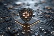 © Afsana - Digital shield with medical cross and circuit board design floating above a display, symbolizing cybersecurity and innovation in healthcare technology