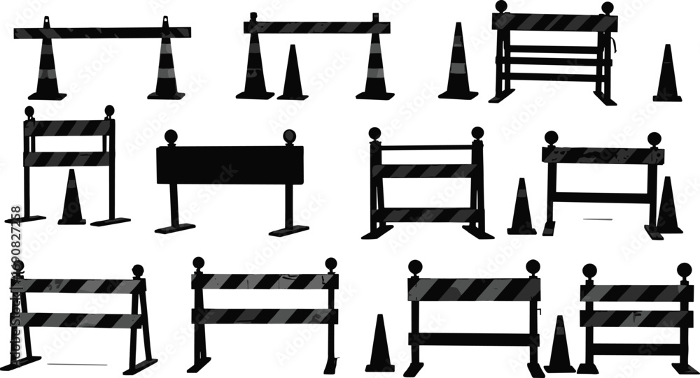 Construction barriers and traffic cone silhouettes, safety barricade ...