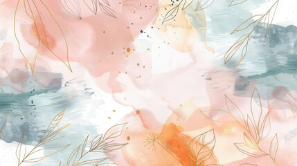 Wall Mural - Abstract watercolor background with gold leaf accents
