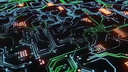 Abstract close-up of intricate circuit board design showcasing vibrant electronic pathways and connections