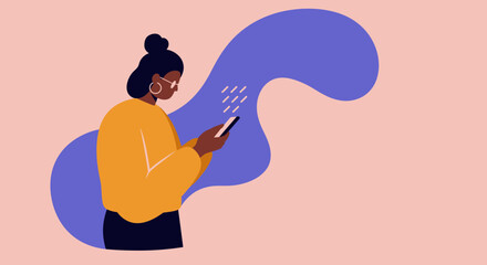 Modern illustration of a woman engaging with her smartphone, symbolizing connectivity, digital communication, and online lifestyle. Perfect for technology, social media, or business concepts.