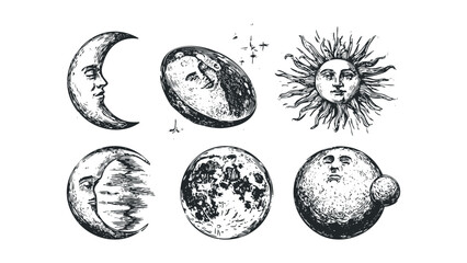 Wall Mural - Ink drawn celestial bodies with faces moon sun on transparent background. Vector hand drawn illustration