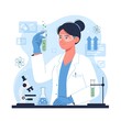 © JanSae Design - modern cartoon illustration of a smiling female scientist or chemist, wearing a lab coat and safety goggles