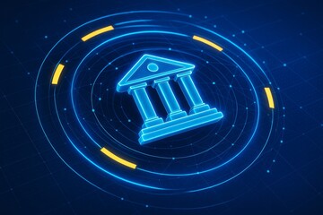 Wall Mural - glowing digital courthouse icon with circular hud elements on dark tech background, symbolizing digi