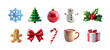 © shephotos - Set of Christmas clipart elements, snowflake, Christmas tree, ball, snowman, holly berry, gingerbread man, bow, caramel cane, cocoa drink, gift box isolated. 3d rendering. PNG transparent background