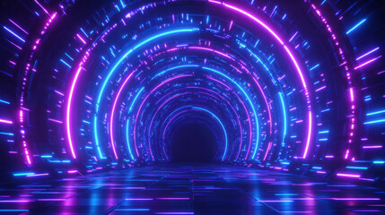 Wall Mural - Neon-light tunnel with infinite reflections, vibrant purple and blue tone