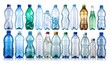 © Haven - 'Assorted plastic and glass bottles arranged in two rows, varying in shape, size, color, and design, with transparent and tinted options in blue, green, brown; colorful caps including red, orange, blu