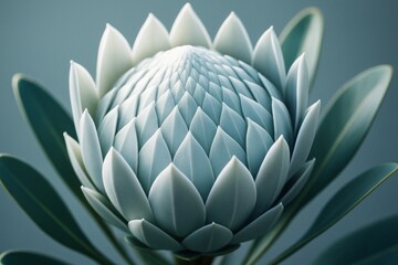 Wall Mural - Close-up of abstract stylized flower with layered petals in cool tones against soft background, emphasizing symmetry and geometric beauty. Ai generative