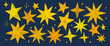 © Hulinska Yevheniia - Set of gold chalk drawing stars. Shine or sparkle doodle collection. Children style yellow wax pencil hand drawing elements of night sky. Crayon scratch grunge texture star shapes.