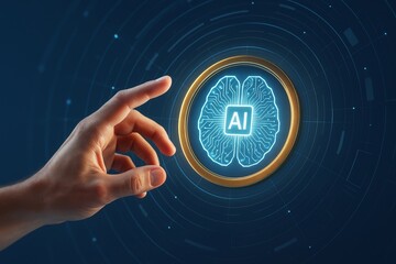 Wall Mural - human hand reaching toward glowing ai brain symbol with circuit pattern in circular digital interfac